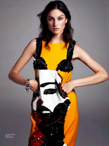 Interview Russia March 2014, Jacquelyn Jablonski Prada 2014 SS Editorial: Yellow Shift Dress With Sequin Bra and Pop Art Face