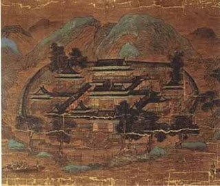 Grabado antiguo de un pueblo chino
