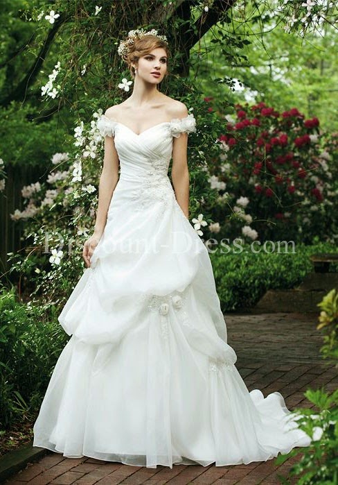  Off the Shoulder Asymmetric Waist A line Organza Sleeveless #Wedding #Dress