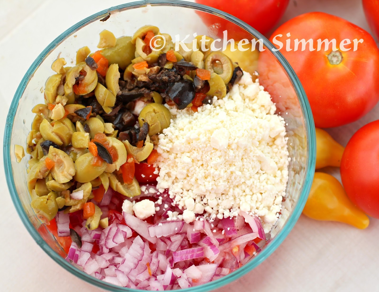 Kitchen Simmer Greek Tomato and Feta Bruschetta Appetizer