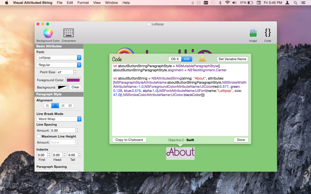 Visual Attributed String Mac app screenshot showing generated code in Swift with a unique variable named 'aboutButtonString'