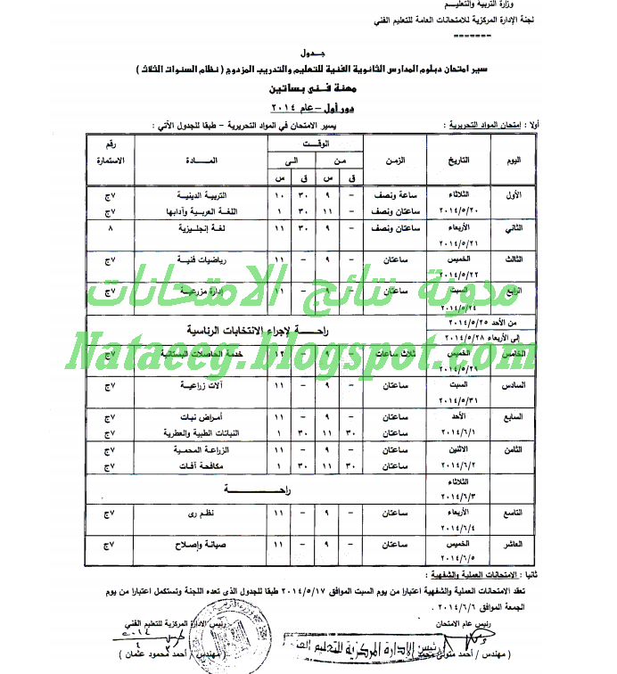 جدول امتحانات الدبلومات الزراعية لعام 2014 أخر العام - نظام الثلاث سنوات والخمس سنوات