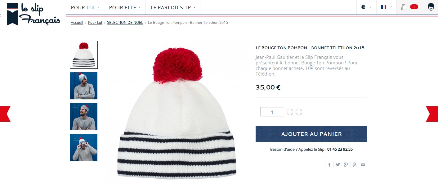 Jean Paul Gaultier en collaboration avec Le Slip Français ont crée ce bonnet pour le Téléthon 2015. Particulièrement remarqué dans les scénographies de