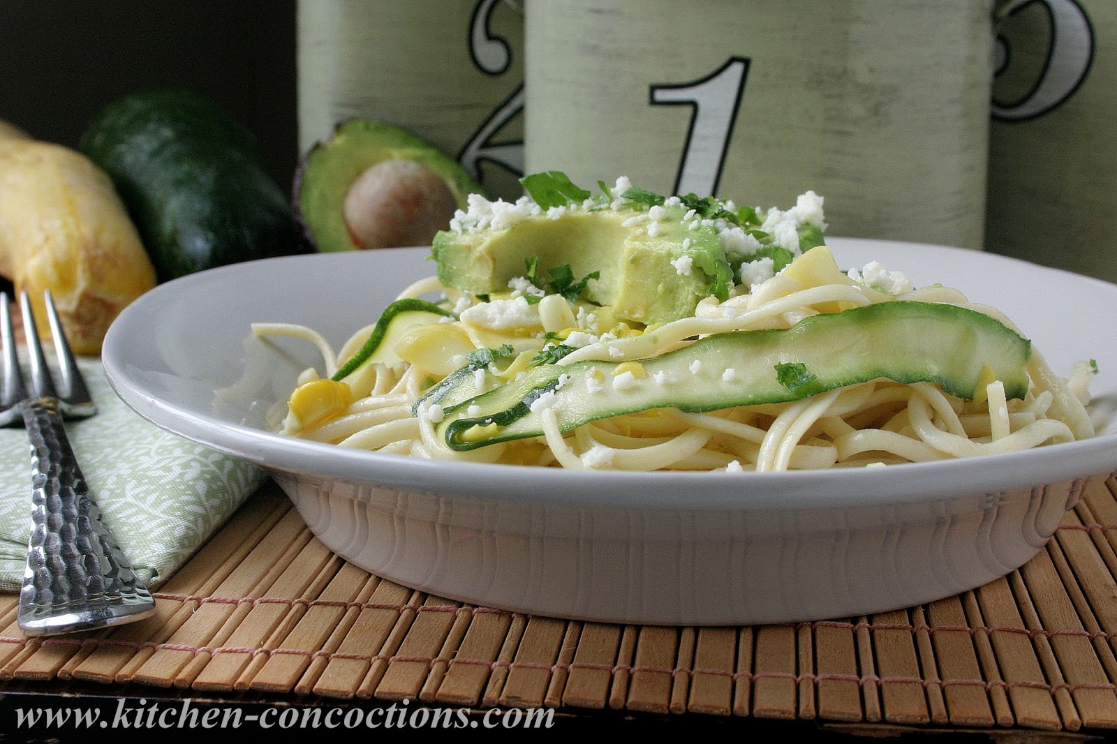 Summer Squash Ribbon Pasta Salad with Sweet Corn and Avocado Kitchen