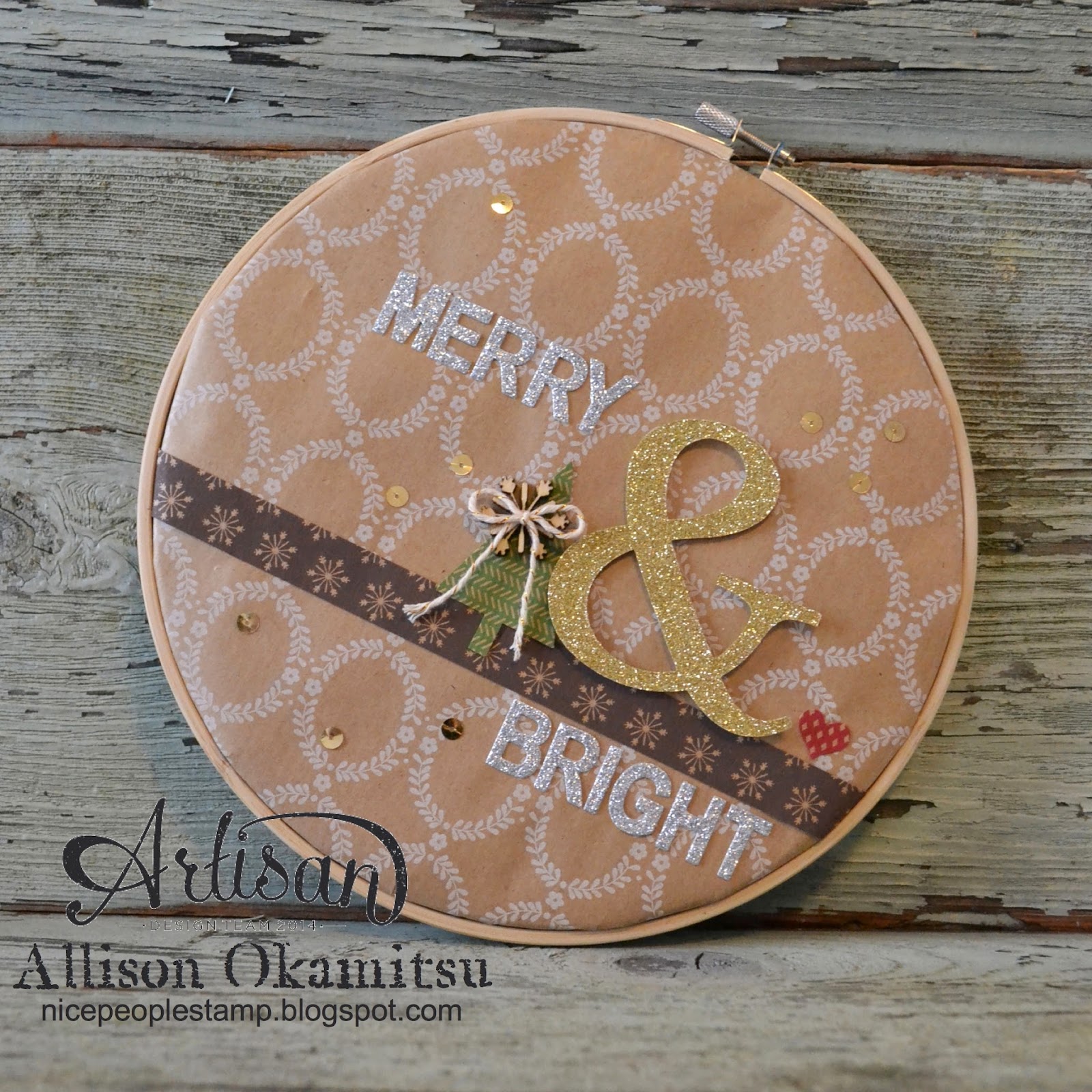 once you have the wrapping paper inside the embroidery hoop its easy peasy to add a few of your favourite products from stampin up to do some decorating