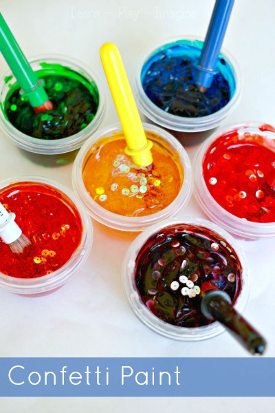 Homemade paint recipe for confetti paint. These paints are gorgeous and glossy and only require three simple and inexpensive ingredients.  Total prep time is less than five minutes.