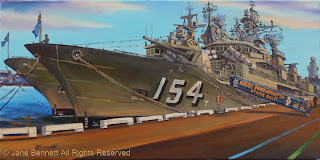 plein air oil painting by artist Jane Bennett of HMAS Perth and HMAS Parramatta at Barangaroo during International Fleet Review