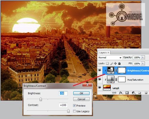 Buatah layer adjustment brightness / contrast diatas layer gambar langit Buatah layer adjustment hue/saturation diatas layer gambar langit - trik cara membuat efek sunset di photoshop