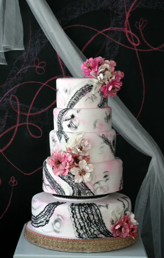 Grand pink and black wedding cake created by The Caketress in Toronto 