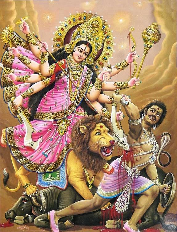 Goddess Durga The Mother Goddess & Her Symbolism Goddess Durga The Mother Goddess & Her Symbolism Goddess Durga is the mother of the universe and believed to be the power behind the work of creation, preservation, and destruction of the world. Since time immemorial she has been worshipped as the supreme power of the Supreme Being and has been mentioned in many scriptures - Yajur Veda, Vajasaneyi Samhita and Taittareya Brahman. The Meaning of "Durga" The word "Durga" in Sanskrit means a fort, or a place which is difficult to overrun. Another meaning of "Durga" is "Durgatinashini," which literally translates into "the one who eliminates sufferings." Thus, Hindus believe that goddess Durga protects her devotees from the evils of the world and at the same time removes their miseries. The Many Forms of Durga There are many incarnations of Durga: Kali, Bhagvati, Bhavani, Ambika, Lalita, Gauri, Kandalini, Java, Rajeswari, et al. Durga incarnated as the united power of all divine beings, who offered her the required physical attributes and weapons to kill the demon "Mahishasur". Her nine appellations are Skondamata, Kusumanda, Shailaputri, Kaalratri, Brahmacharini, Maha Gauri, Katyayani, Chandraghanta and Siddhidatri. Durga's Many Arms Durga is depicted as having eight or ten hands. These represent eight quadrants or ten directions in Hinduism. This suggests that she protects the devotees from all directions. Durga's Three Eyes Like Shiva, Mother Durga is also referred to as "Triyambake" meaning the three eyed Goddess. The left eye represents desire (the moon), the right eye represents action (the sun), and the central eye knowledge (fire). Durga's Vehicle - the Lion The lion represents power, will and determination. Mother Durga riding the lion symbolises her mastery over all these qualities. This suggests to the devotee that one has to possess all these qualities to get over the demon of ego. Durga's Many Weapons The conch shell in Durga's hand symbolizes the 'Pranava' or the mystic word 'Om', which indicates her holding on to God in the form of sound. The bow and arrows represent energy. By holding both the bow and arrows in one hand "Mother Durga" is indicating her control over both aspects of energy - potential and kinetic. The thunderbolt signifies firmness. The devotee of Durga must be firm like thunderbolt in one's convictions. Like the thunderbolt that can break anything against which it strikes, without being affected itself, the devotee needs to attack a challenge without losing his confidence. The lotus in Durga's hand is not in fully bloomed, It symbolizing certainty of success but not finality. The lotus in Sanskrit is called "pankaja" which means born of mud. Thus, lotus stands for the continuous evolution of the spiritual quality of devotees amidst the worldly mud of lust and greed. The "Sudarshan-Chakra" or beautiful discus, which spins around the index finger of the Goddess, while not touching it, signifies that the entire world is subservient to the will of Durga and is at her command. She uses this unfailing weapon to destroy evil and produce an environment conducive to the growth of righteousness. The sword that Durga holds in one of her hands symbolizes knowledge, which has the sharpness of a sword. Knowledge which is free from all doubts, is symbolized by the shine of the sword. Durga's trident or "trishul" is a symbol of three qualities - Satwa (inactivity), Rajas (activity) and Tamas (non-activity) - and she is remover of all the three types of miseries - physical, mental and spiritual. Devi Durga stands on a lion in a fearless pose of "Abhay Mudra", signifying assurance of freedom from fear. The universal mother seems to be saying to all her devotees: "Surrender all actions and duties onto me and I shall release thee from all fears".