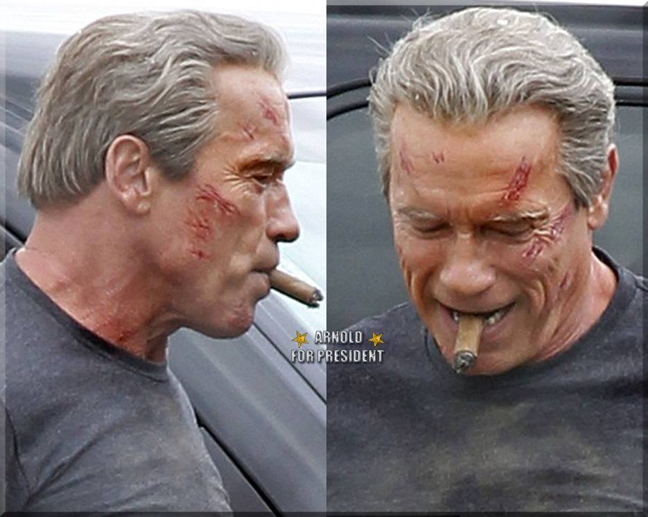 ｃｉａ こちら映画中央情報局です Terminator シリーズ再生の最新作 ターミネーター ジェネシス で シュワルツェネッガーが演じる老けた白髪のターミネーター T 800 の傷ついた顔を撮らえたスパイ フォト
