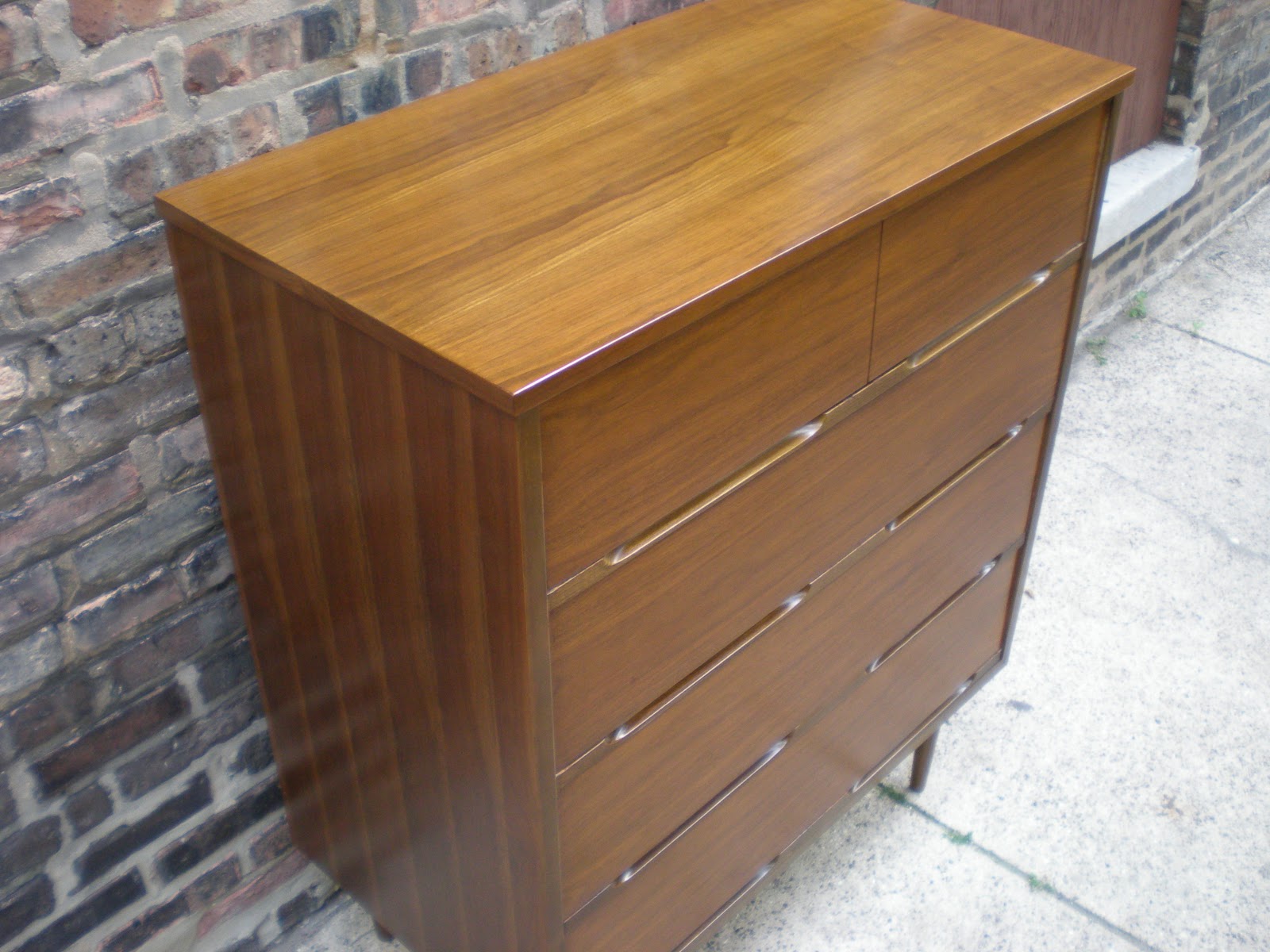 Mid Century Chicago 4 Piece Walnut Bedroom Set Highboy, Lowboy