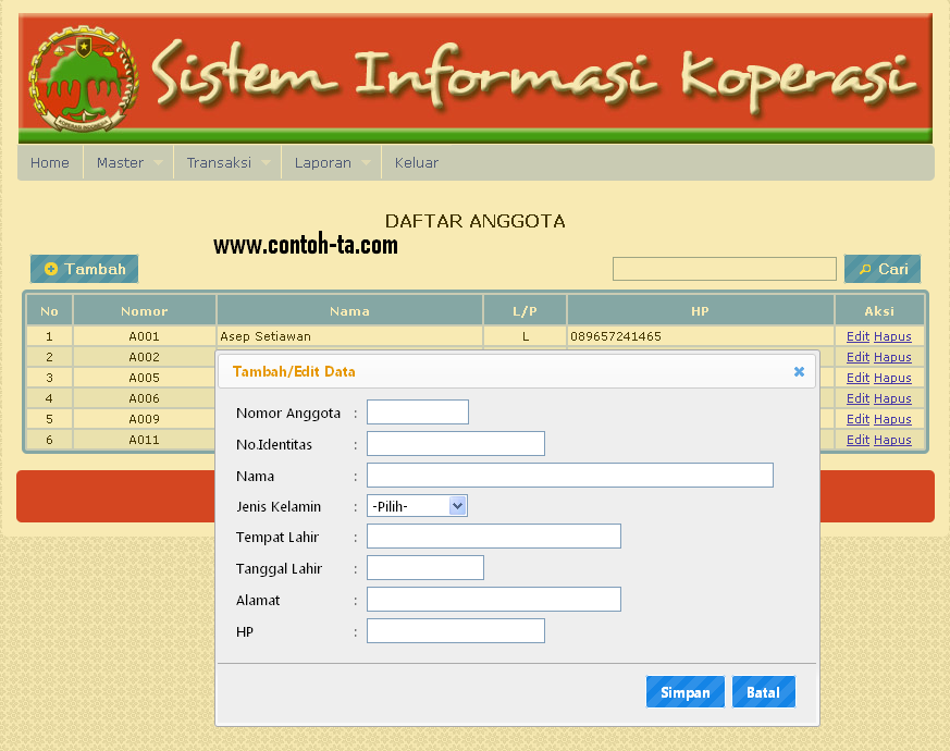 contoh aplikasi sistem informasi koperasi di PHP project