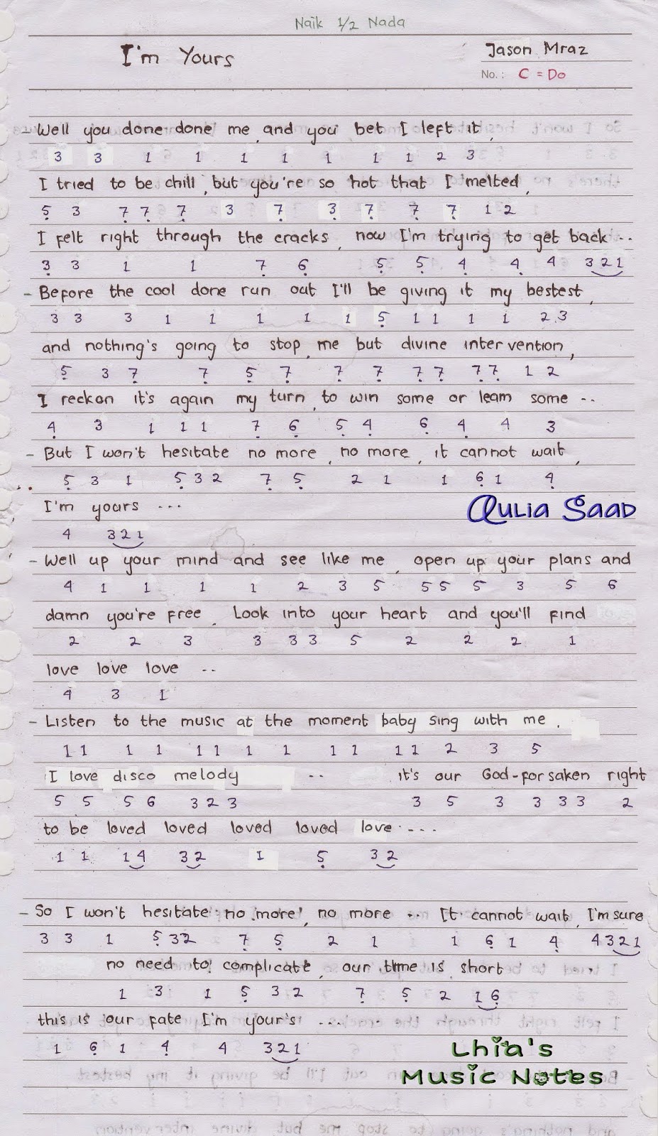 Not Angka Jason Mraz I�m Yours Aulia�s World