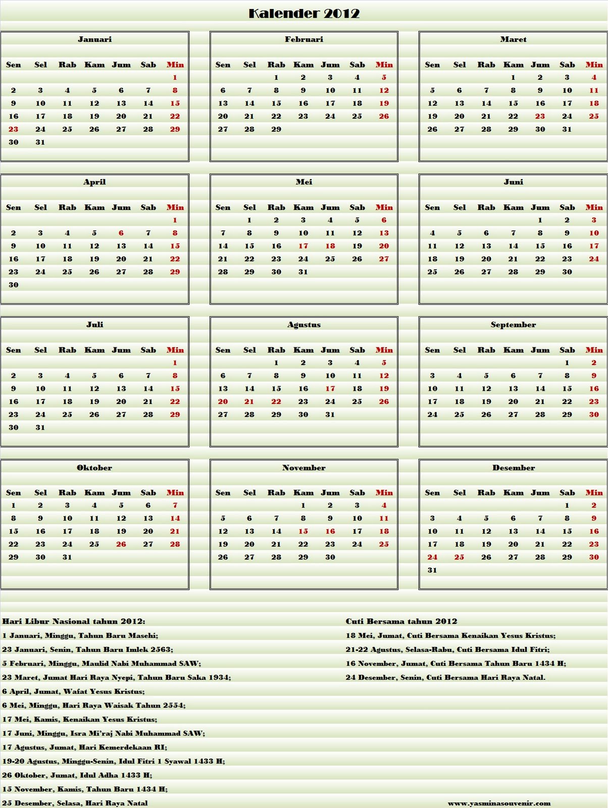 yah Di akhir tahun 2011 ini saya mau berbagi kalender tahun 2012