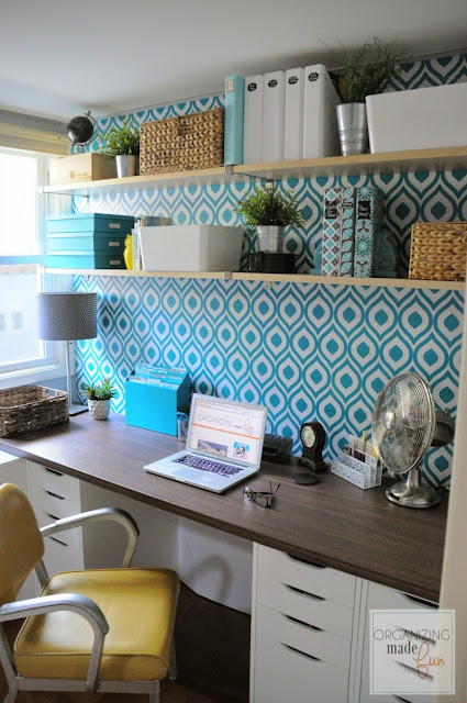 Open shelving in the home office filled with turquoise accents :: OrganizingMadeFun.com