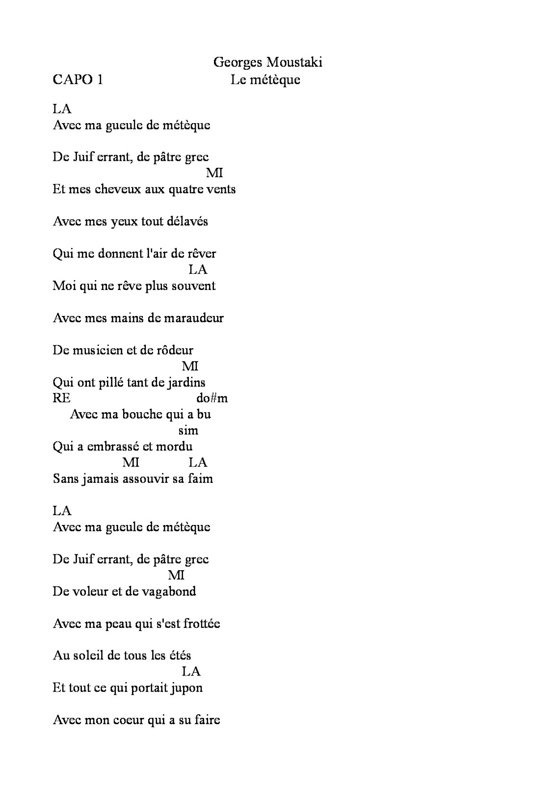 Partitions et Tablatures pour Guitare Moustaki Le Métèque