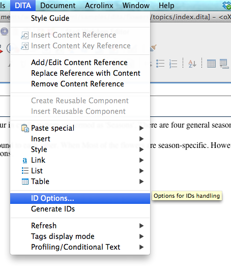 DITA ID Options menu DITA ID Options menu