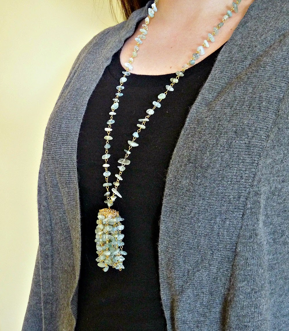 Easy DIY Beaded Aquamarine Chip Tassel Necklace