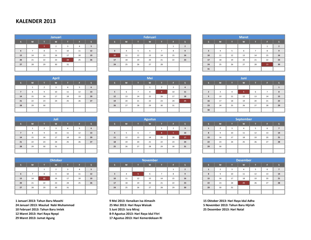 Kalender 2013 dan Hari Libur Nasionalnya Infoting