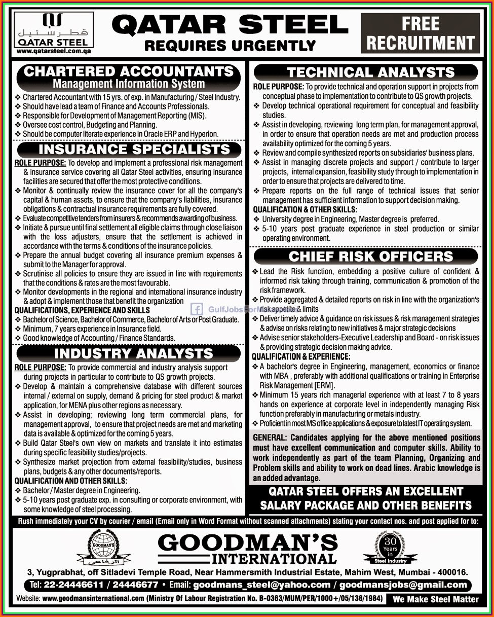 Free Recruitment For Qatar Steel Gulf Jobs for Malayalees