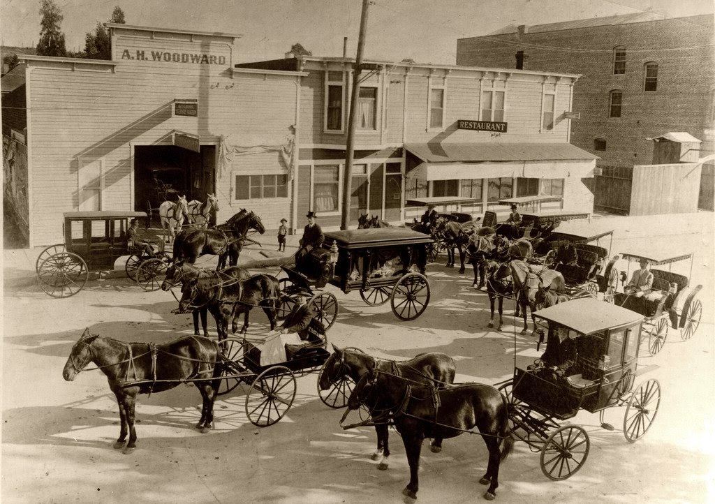 Funeral procession on Greenleaf Avenue in Whittier, California, late