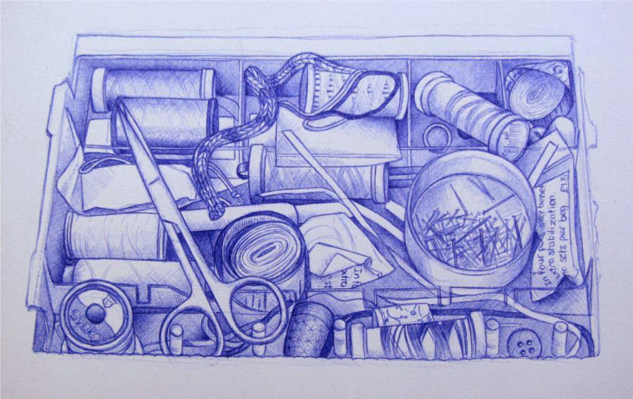 Clare Willcocks Ballpoint pen drawings Mum's sewing box