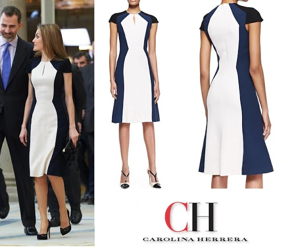 Queen Letizia in Carolina Herrera Short-Sleeve Colorblock Stretch Viscose Dress