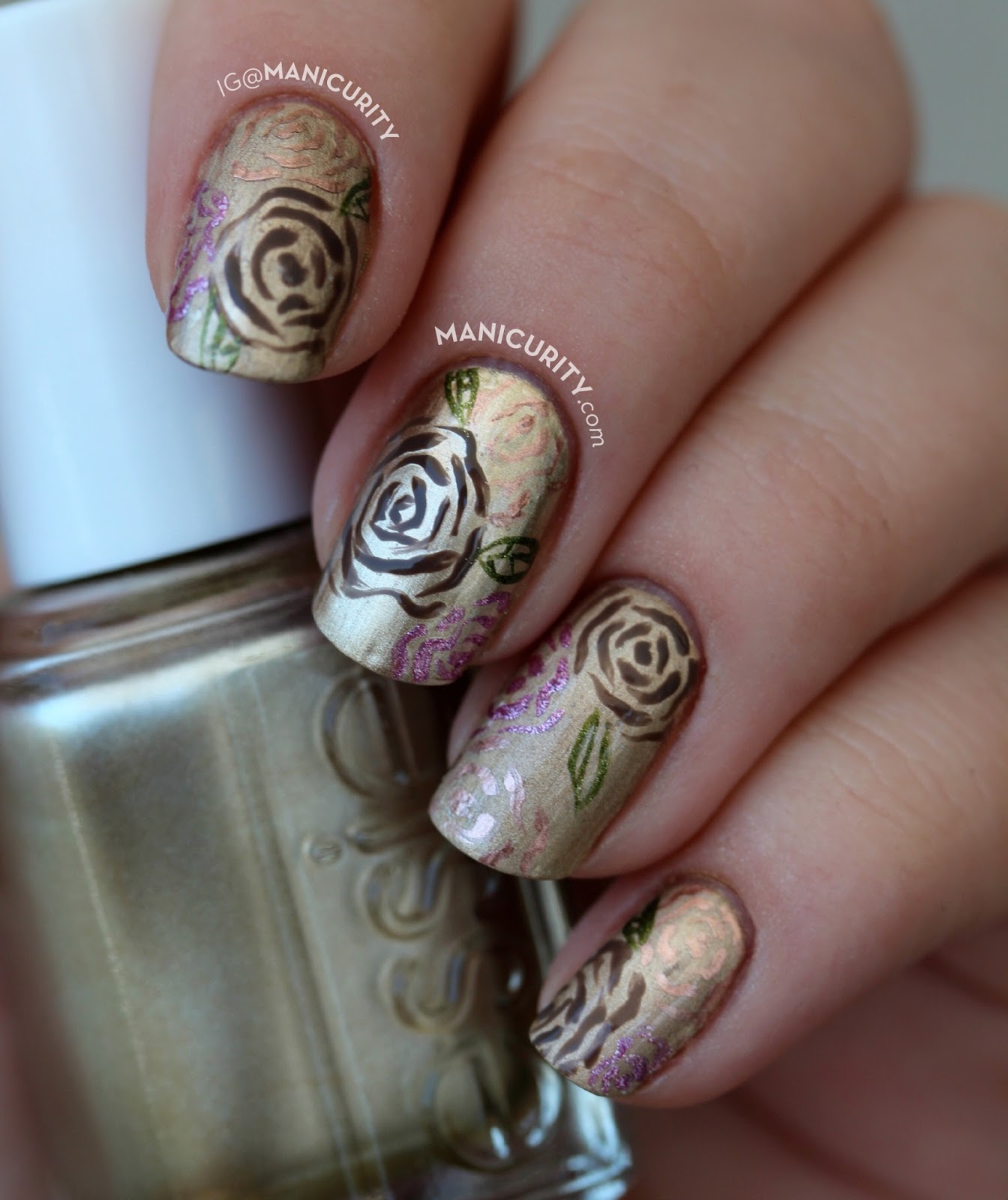 The Digit Al Dozen Does Metal Black Hills Gold Inspired Freehand Starting The Week Off With Some Black Hills Gold Jewelry Inspired Nails Using Fl And Leaf Motif To Do A Freehand Rose Roses Manicure