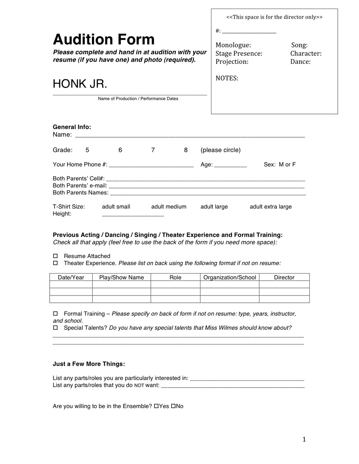 Wyoming Middle School Theater Spring Musical Audition Form