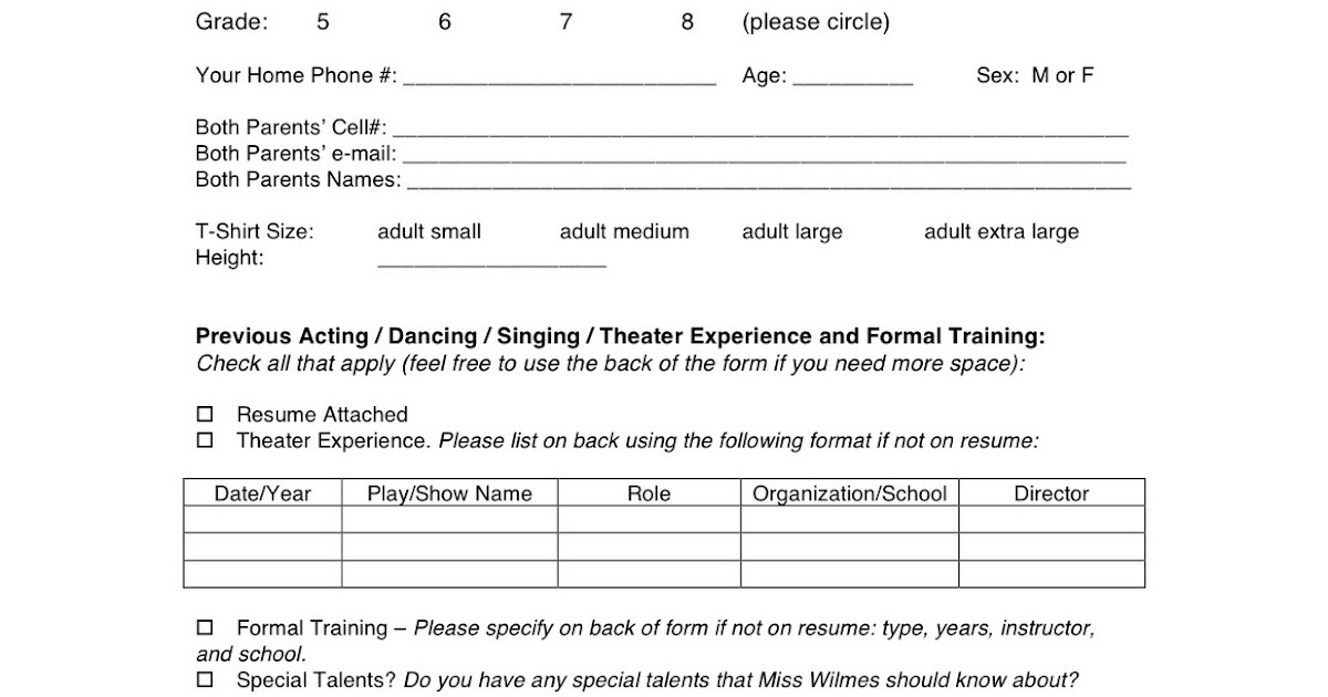 wyoming middle school theater spring musical audition form dance audition form template