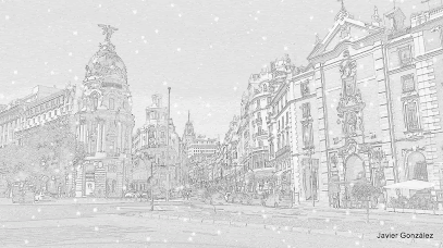 Calle Gran Vía de Madrid nevada