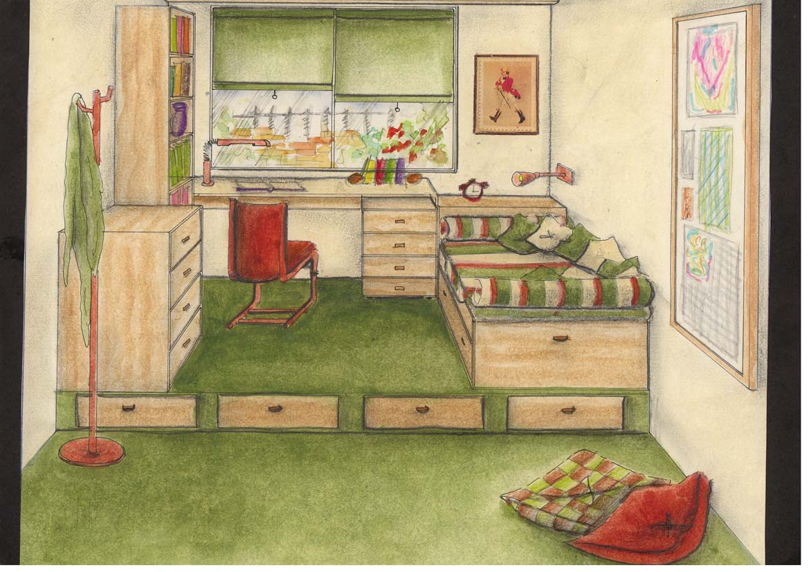 Delineante y Técnico de Decoración de Interiores Perspectiva frontal de habitaciones Dormitorio Dibujo ~ Delineante y Técnico de Decoración de Interiores Perspectiva frontal de habitaciones