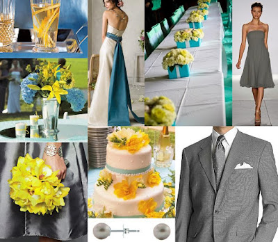 Turquoise yellow and gray wedding inspiration board and invitation from 