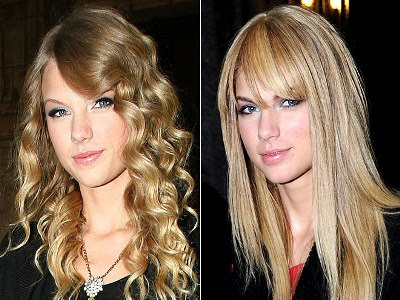 Taylor Swift straight hair with bangs look radiant and gives her a