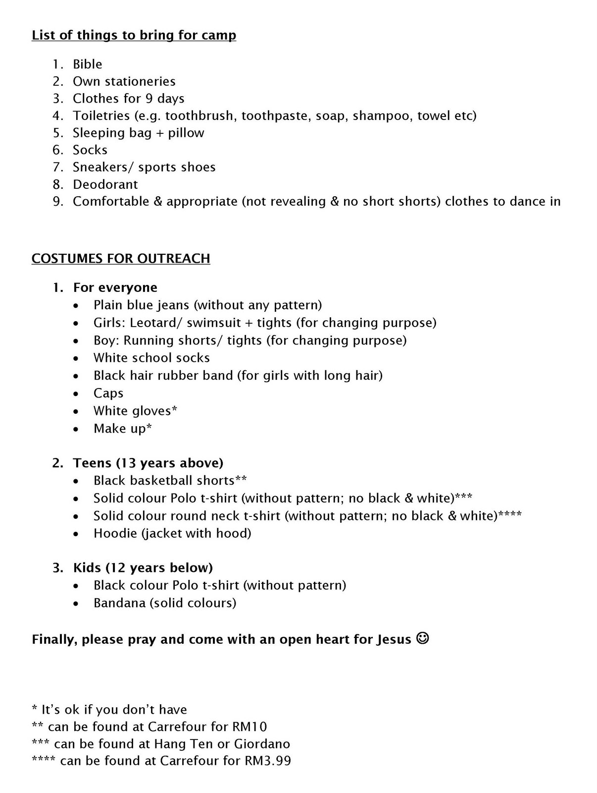 All For Christ List of things to bring for camp