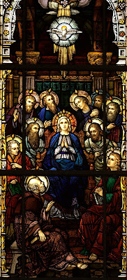 Stained Glass window of Mary and the Deciples receiving the Holy Spirit at Pentecost