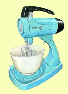 art, illustration, aqua, yellow, turquoise, retro, kitchen mixer