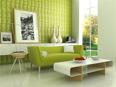 green wallpaper living room