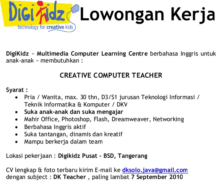 Job Vacancy : Creative Computer Teacher – Digikidz (Exp : 07