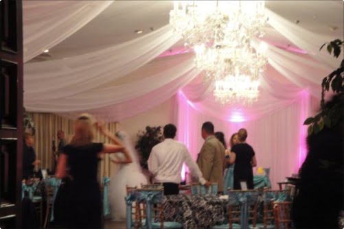 Wedding Decor Custom Ceiling Treatments and Chiffon Backdrop at the 