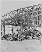 Burned and wrecked hangar at the Naval Air Station