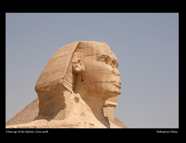 Surveying the sands of Giza, the great Sphinx has stood guard since about 2500 B.C. Created for Pharaoh Khafre, who also built the second pyramid at Giza, the Sphinx has the body of a lion and the face, it's believed, of the pharaoh. It stands 66 feet (20 meters) high and was carved from limestone bedrock. Though it is badly eroded, the Great Sphinx has survived over 4,500 years of searing sun and political turmoil. Surveying the sands of Giza, the great Sphinx has stood guard since about 2500 B.C. Created for Pharaoh Khafre, who also built the second pyramid at Giza, the Sphinx has the body of a lion and the face, it's believed, of the pharaoh. It stands 66 feet (20 meters) high and was carved from limestone bedrock. Though it is badly eroded, the Great Sphinx has survived over 4,500 years of searing sun and political turmoil.