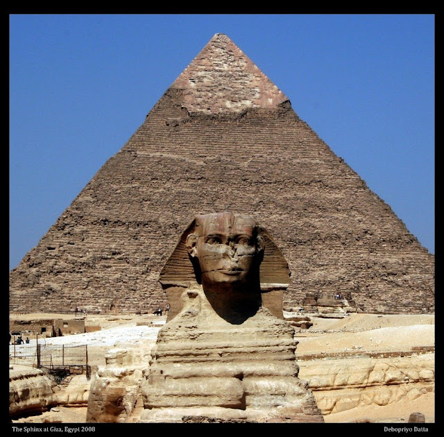 Surveying the sands of Giza, the great Sphinx has stood guard since about 2500 B.C. Created for Pharaoh Khafre, who also built the second pyramid at Giza, the Sphinx has the body of a lion and the face, it's believed, of the pharaoh. It stands 66 feet (20 meters) high and was carved from limestone bedrock. Though it is badly eroded, the Great Sphinx has survived over 4,500 years of searing sun and political turmoil.