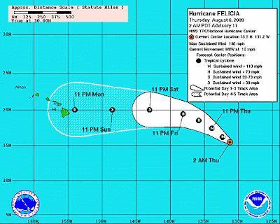 Forecast Track of Felicia shows Felicia as a Tropical Depression on approach to the Hawaiian Islands