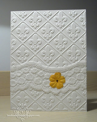 wedding card with lace, fleur de lis texture and ecru flower
