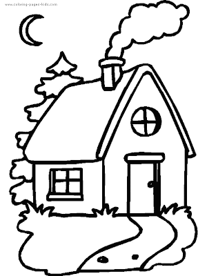 casa com pinheiro para colorir lua e chamine com fumo desenhos