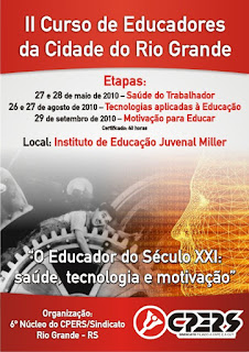 Folder do evento com a imagem de Chaplin sobre uma engrenagem e com o texto:O Educador do Século XXI: Saúde,tecnologia e motivação