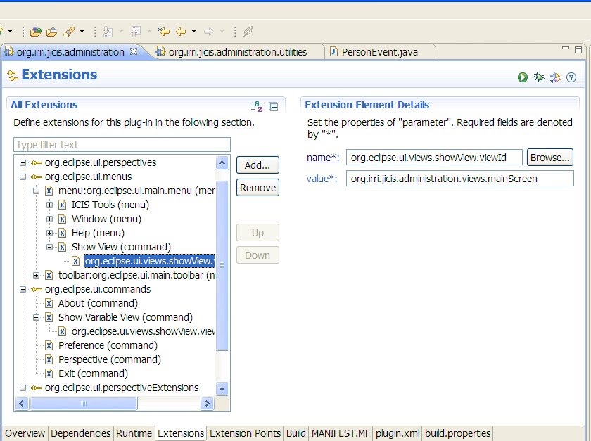 How to open a view using the eclipsercp's plugin.xml's Extension Tab
