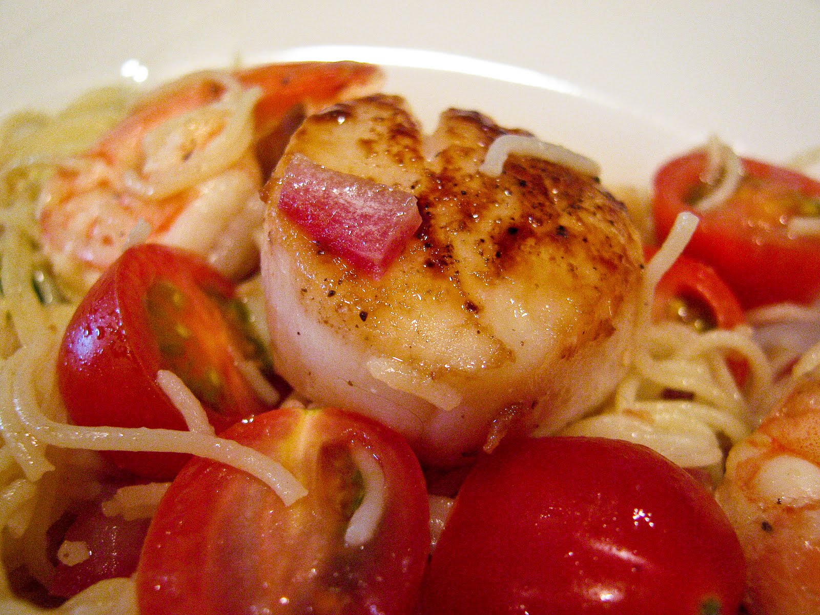 Shrimp & Scallops Tossed with Capellini, Spinach, Tomatoes & Bacon